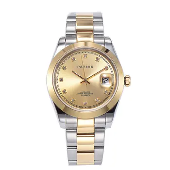

Solid luxury Parnis 39mm golden dial date magnifier polished bezel two-tone stainless steel band automatic movement men's watch