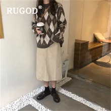 RUGOD кашемировый женский свитер, свитер с круглым вырезом, контрастный цвет, геометрический свитер в Корейском стиле, повседневный Женский пуловер