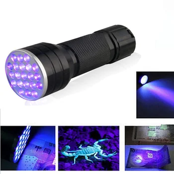 

21 LED Battery Powered Click Switch UV Flashlight Detection Mini Torch Money With Rope Black Shell Aluminum Alloy Night Fishing