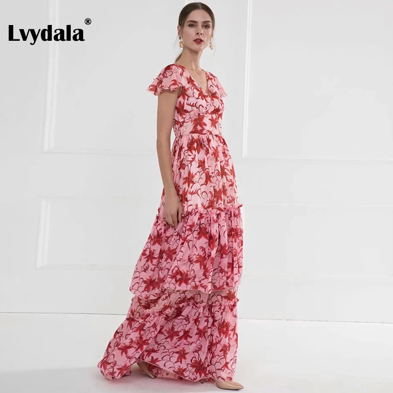Lvydala, высокое качество, сексуальное платье макси, летнее, женское, короткий рукав, v-образный вырез, цветочный принт, оборки, для праздника, вечеринки, элегантное, макси платье