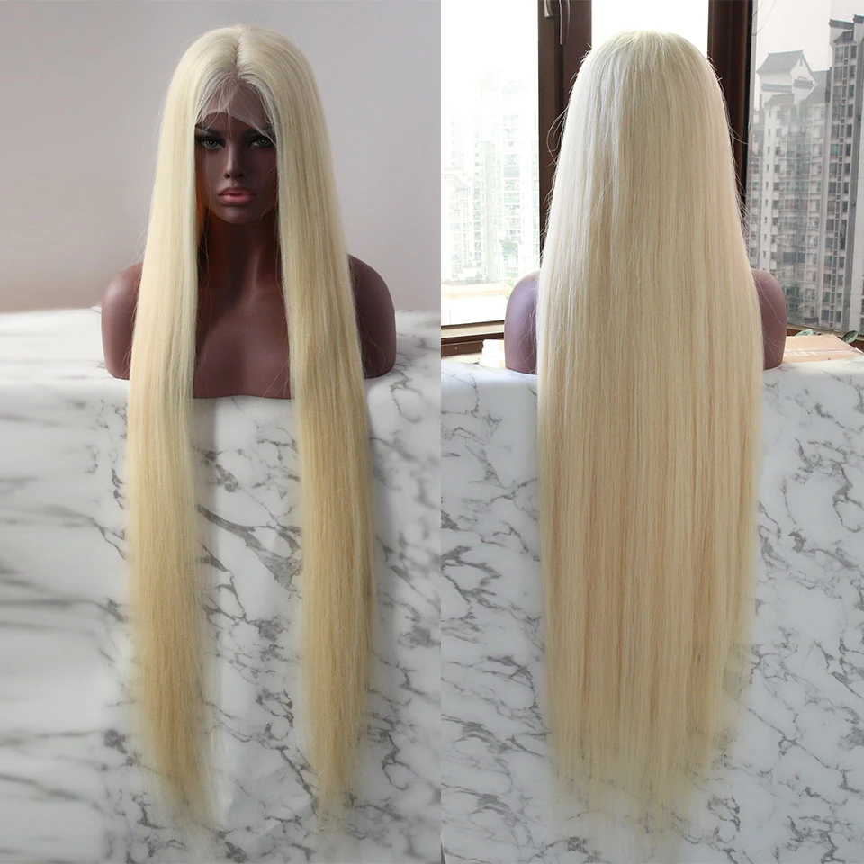 DJS красота полный кружево парик бразильский необработанные волосы Накладные натурального цвета 40 дюйм(ов) Lond Длина блондинка Wids для черный