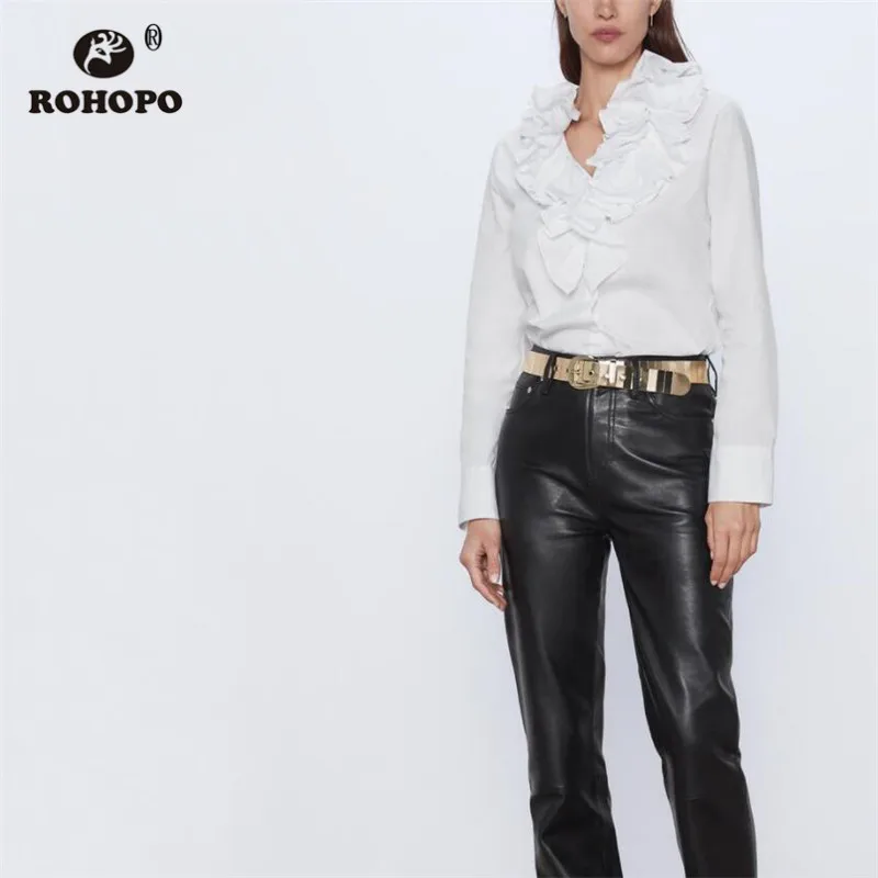 

ROHOPO Long Sleeve White Poplin Autumn Blouse V Collar Draped Ruffled Necklin Female Solid Chic Buttons Fly Tops Blusa #1485