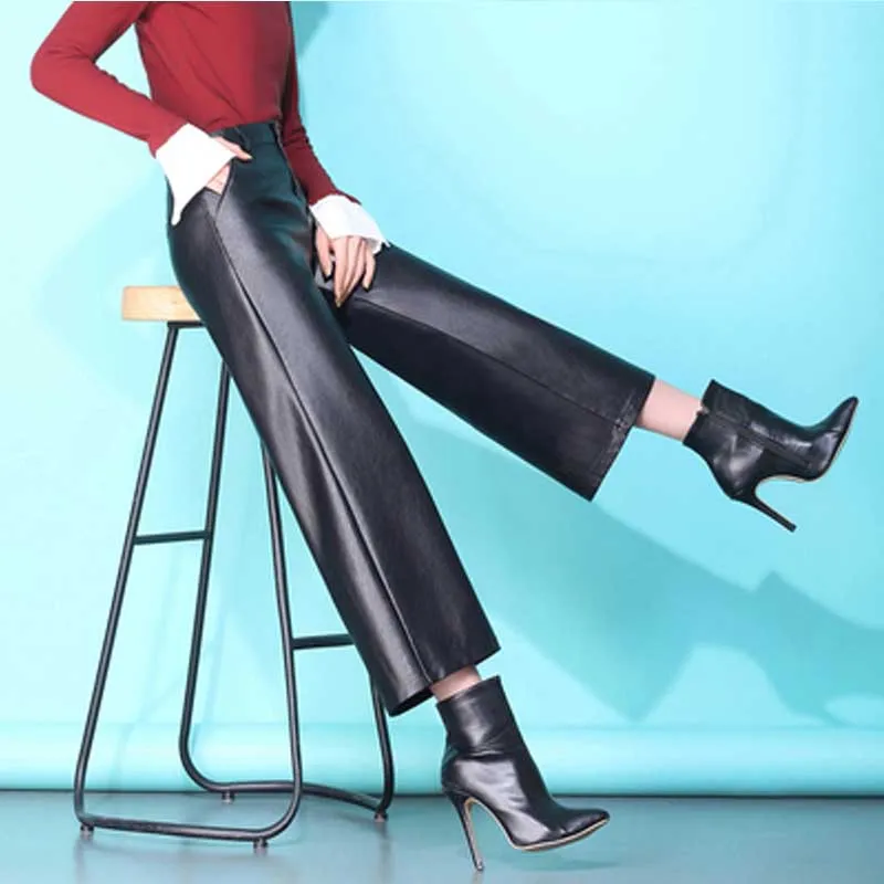 2020 Female High Waist Leather Pants Leather Summer New Fashion Korean Loose Straight Pu Trousers For Women Office Casual Pants