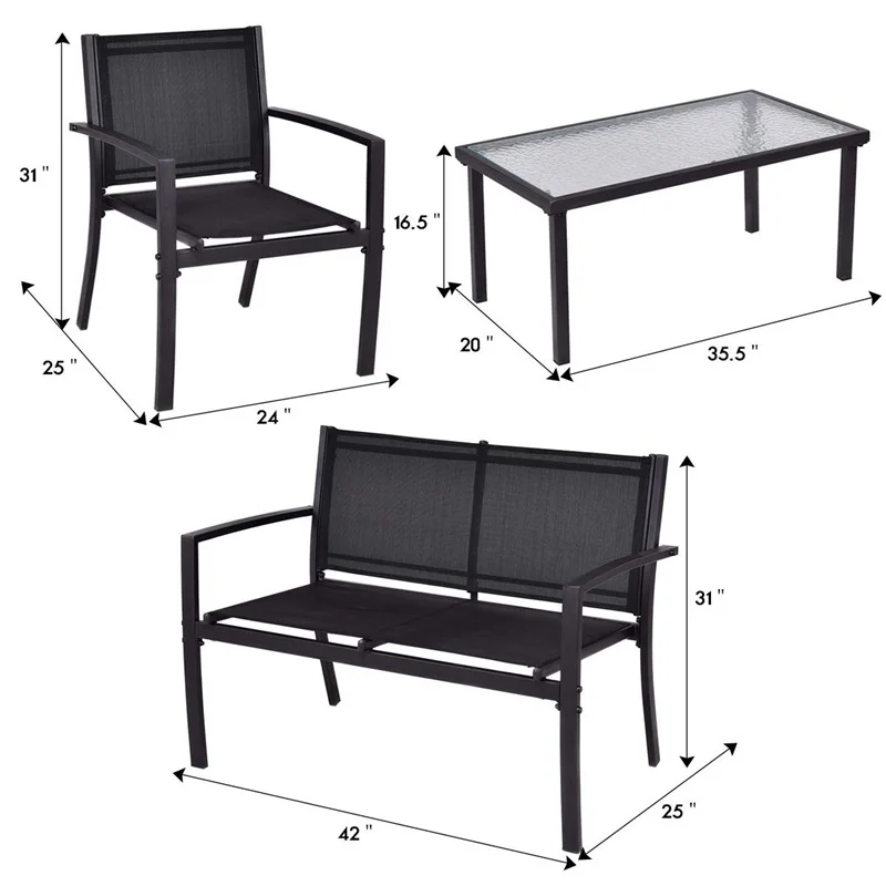 4 pcs Patio Steel Frame Coffee Table Furniture Set Sturdy Powder-coated Metal Frame Outdoor Furniture