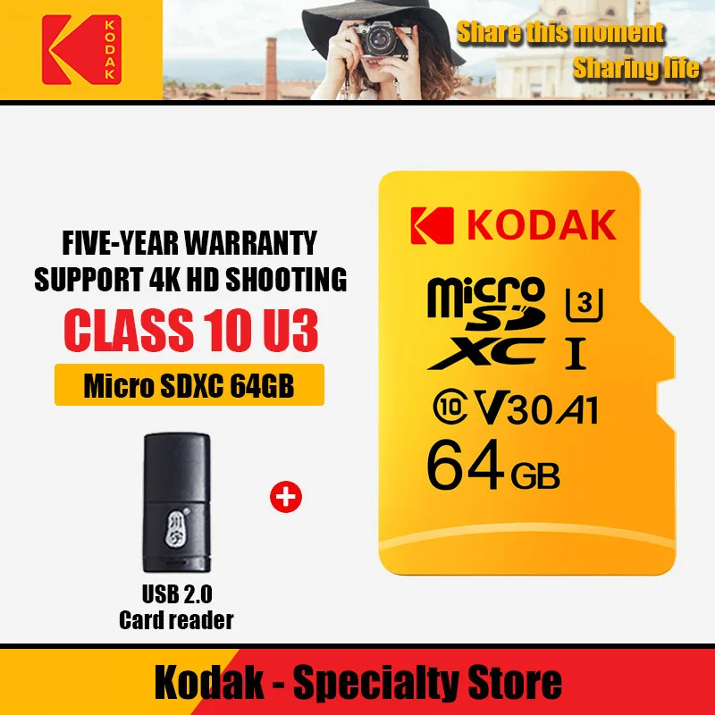 

100% original Kodak U3 Memory Card 32GB 64GB 128GB 256GB 512GB Micro SD Card TF Flash Card micro carte Card Add card reader286