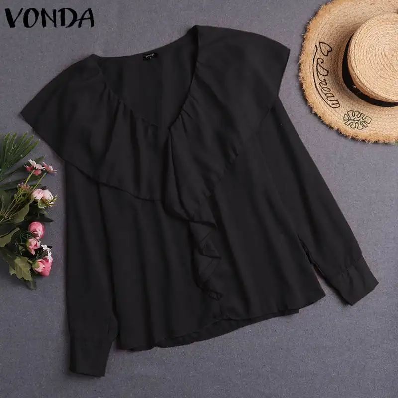 VONDA, осенние модные блузки с длинным рукавом, женские сексуальные повседневные топы с v-образным вырезом и блузки размера плюс, однотонные рубашки, женские вечерние блузки