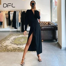 

DFLlifes Ruching V-neck Women's Dress Long Sleeve High Split Solid Black Sexy Club Elegant Robe Slim Spring Maxi Dresses 2022