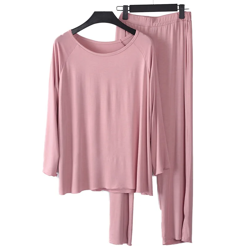 

Mferlier Autumn Bamboo Fiber Ladies Pyjamas Comfortable O Neck Long Sleeve Nightwear Tops + Pants Solid Elastic Women Pijama Set