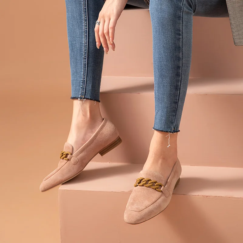 BeauToday de ante con punta cuadrada para mujer, zapatos planos con cadena Metal, elegantes, sin cordones, hechos a mano, 27401|Zapatos mujer| - AliExpress