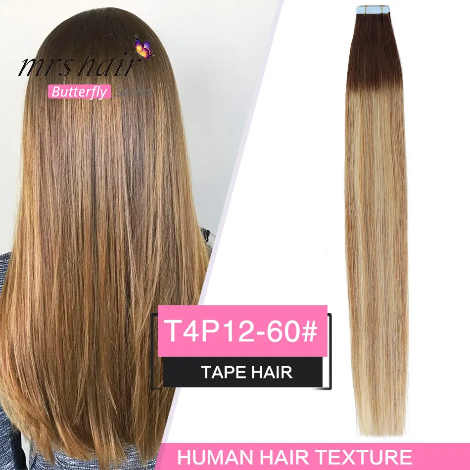 MRSHAIR 20 дюйм(ов) ленты в расширениях Ombre 20 штук non-реми выметания человеческие волосы прямые Ombre кожи утка волос - Цвет: TW-T4P12-60