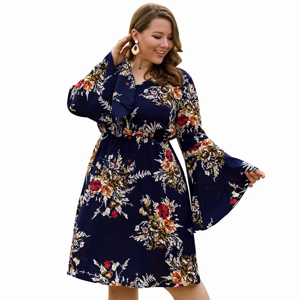 

2020 Women Plus Size Casual Print Loose Dress Ruffle Sleeve V-neck High Waist Autumn Spring Dresses