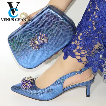 

Elegant African Matching Shoes and Bag Set Blue Color New Arrivals Slingbacks Sandals For Wedding Ladies Shoes with HangBag