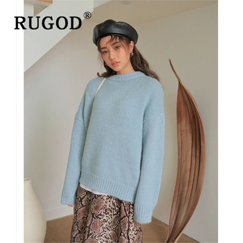RUGOD корейский ins однотонный вязаный женский свитер элегантный круглый вырез
