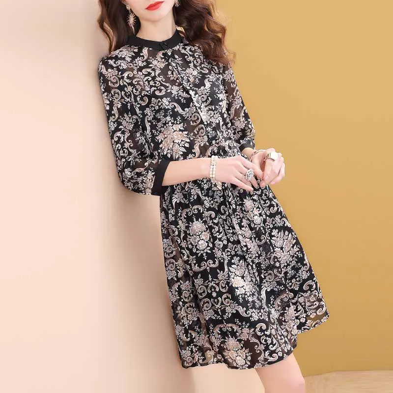 

Ozhouzhan Spring Clothing Elegant Debutante Printed Three-quarter-length Sleeve Black And White with Pattern Chiffon Dress Women