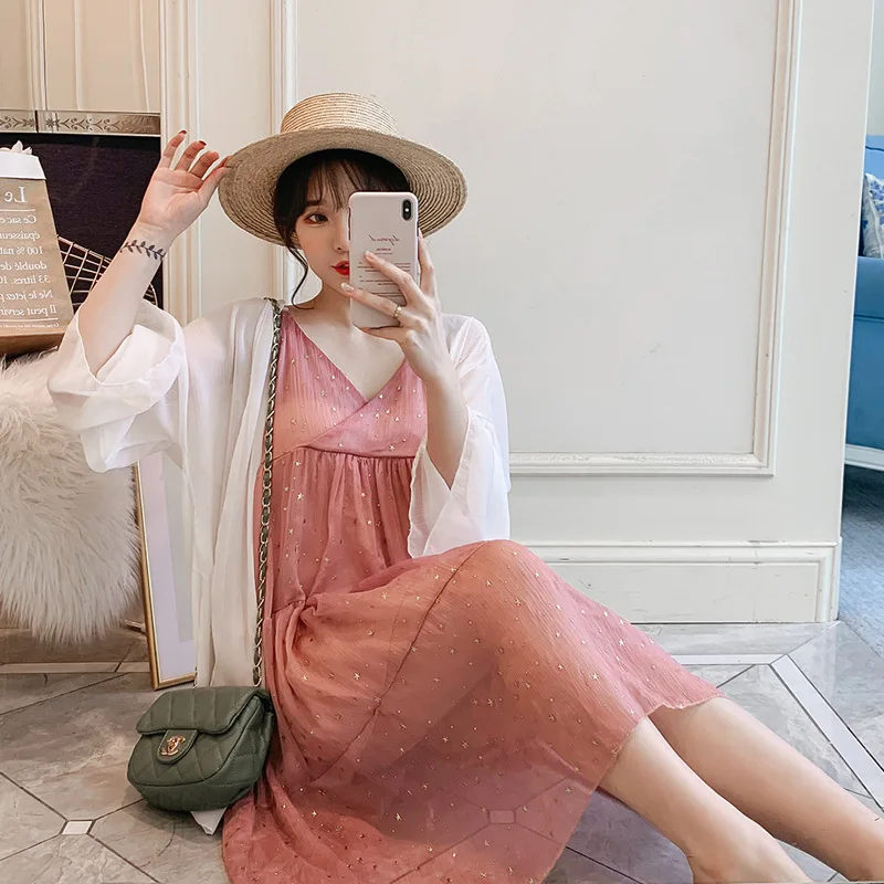 

2019 Summer New Style Large Size Dress Fat Mm Loose-Fit Strapped Dress + Sun-resistant Shawl Two-Piece Set WOMEN'S Suit