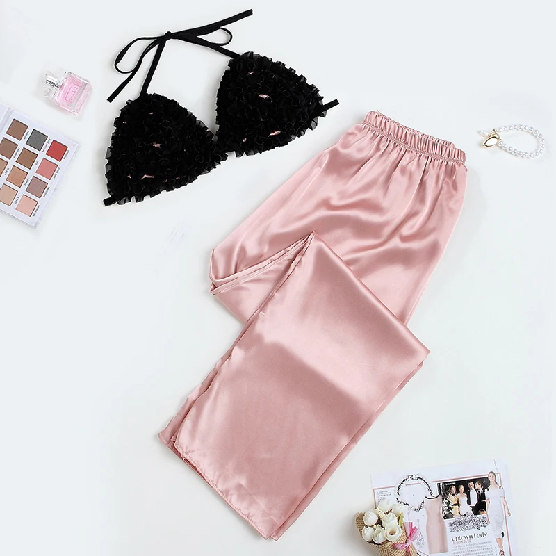 

Frill Detail Triangle Bra & Satin Pants Sexy Pajamas Set Halter Bralette With Long Pants Honeymoon Nightwear Women's Lingerie