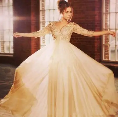 Vintage Long Sleeves Lace Chiffon Evening Dress With Beads Pearls V Neck A Line Party Prom Party Gowns Mother Of The Bride Gowns