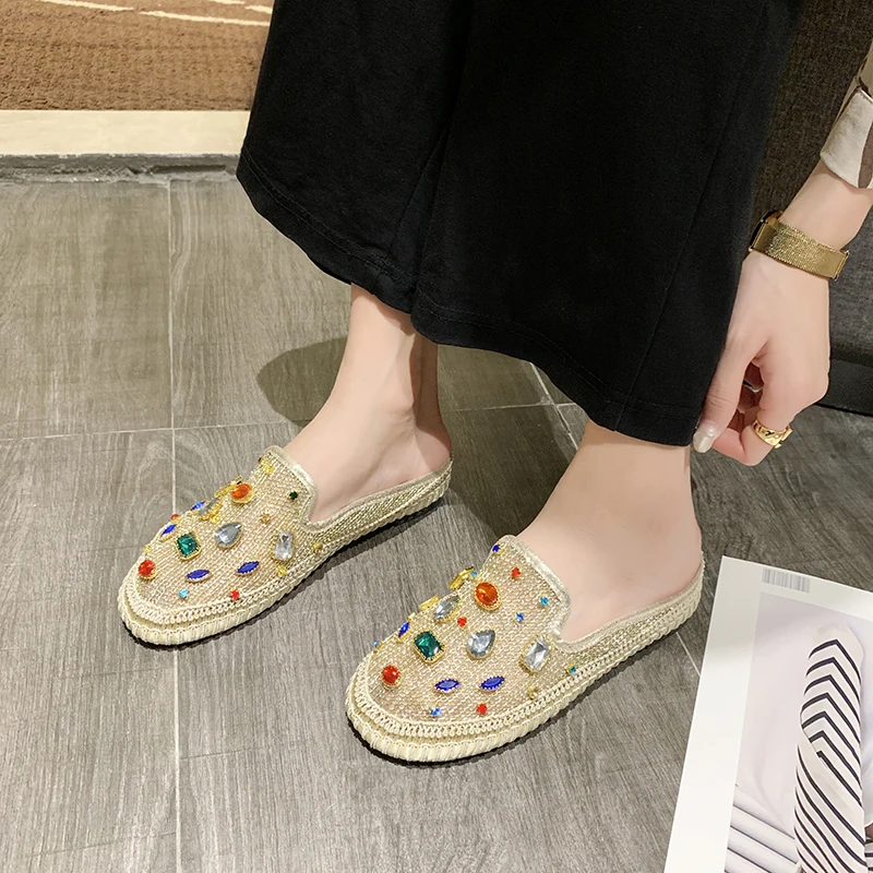 

Colorful Rhinestone Flat Slippers Women Summer Shoes Breathable Mesh Mules Shoes Ladies Outdoor Travel Flat Sandals Beach Shoes