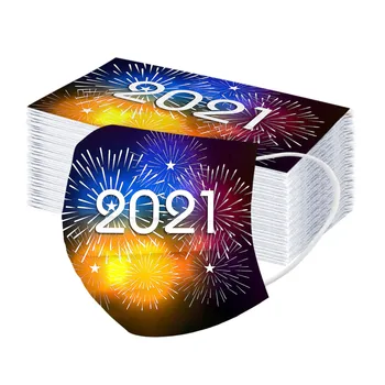 

50/100pc Adult Face Mask 2021 Happy New Years Adult Disposable Christmas Fabric Facial Mask 3layer Earring Mouth Caps Woman Mask