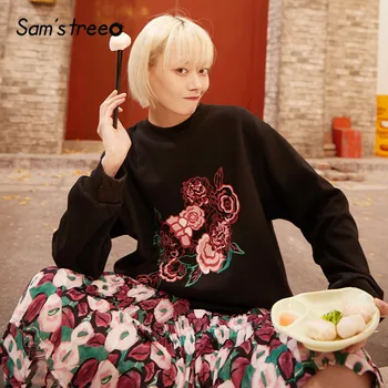 

SAM'S TREE Black Floral Print Vintage Casual Sweatshirts Women 2020 Spring Korean Long Sleeve Romantic Office Ladies Daily Tops