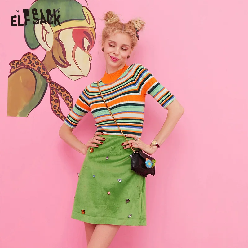

ELF SACK Colorful Striped Knitted Top And Beads Skirt Women Korean Two Piece Set 2019 Autumn Casual Ladies Matching Sets