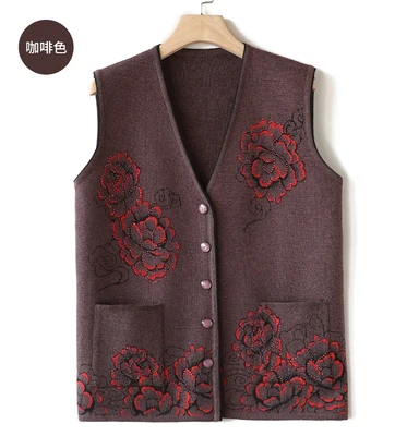 Middle-aged women Print Sweater Vest Autumn Winter vests Sweater knit Cardigan Womens Short Plus size Sweater Vests Jackets F856 - Цвет: Brown