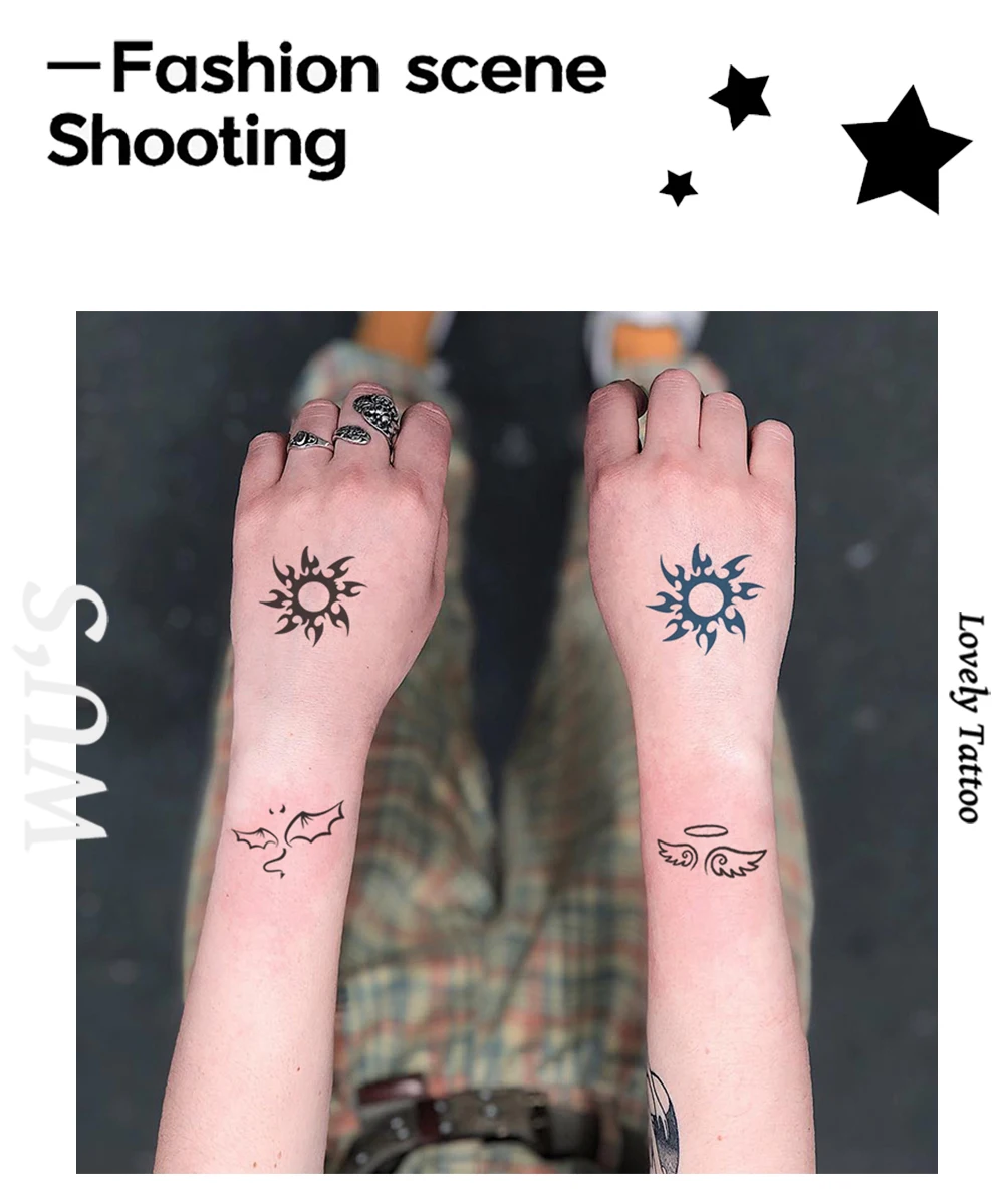 Autocollants De Tatouage Temporaire Faux Tatouages Ailes D Ange Diable Soleil Lune Bras Amoureux Noir Pour Hommes Et Femmes Aliexpress Beaute Sante