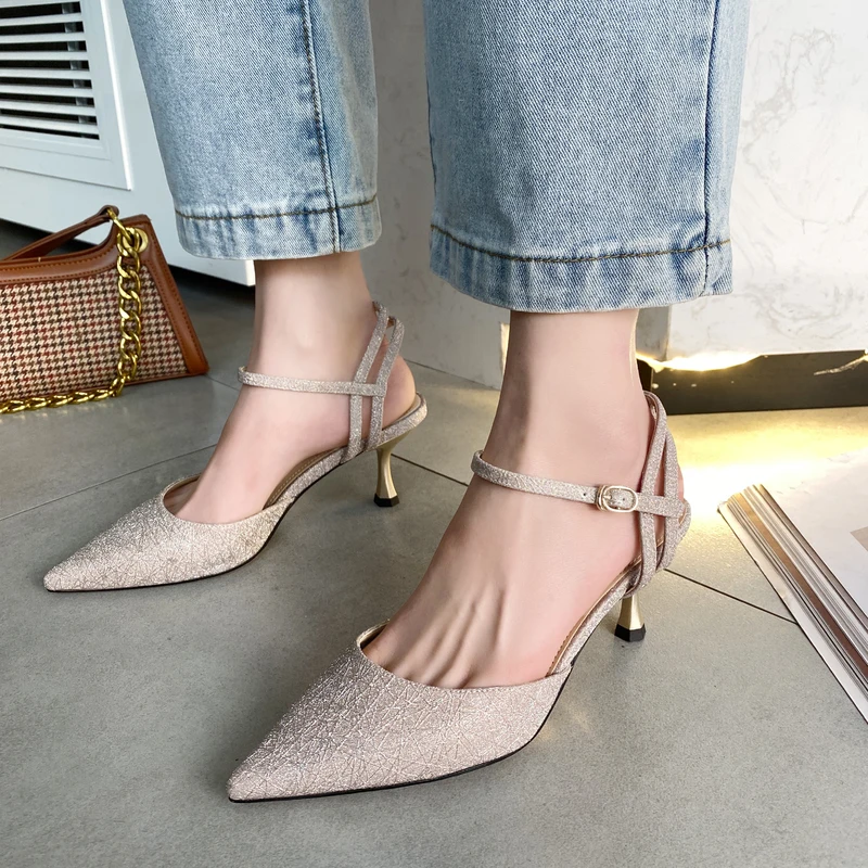

Shiny Sequined High Heels Sandals Women Summer Shoes Pointed Toe Shallow Mouth Ankle Buckles Thin Heel Women Temperament Sandals