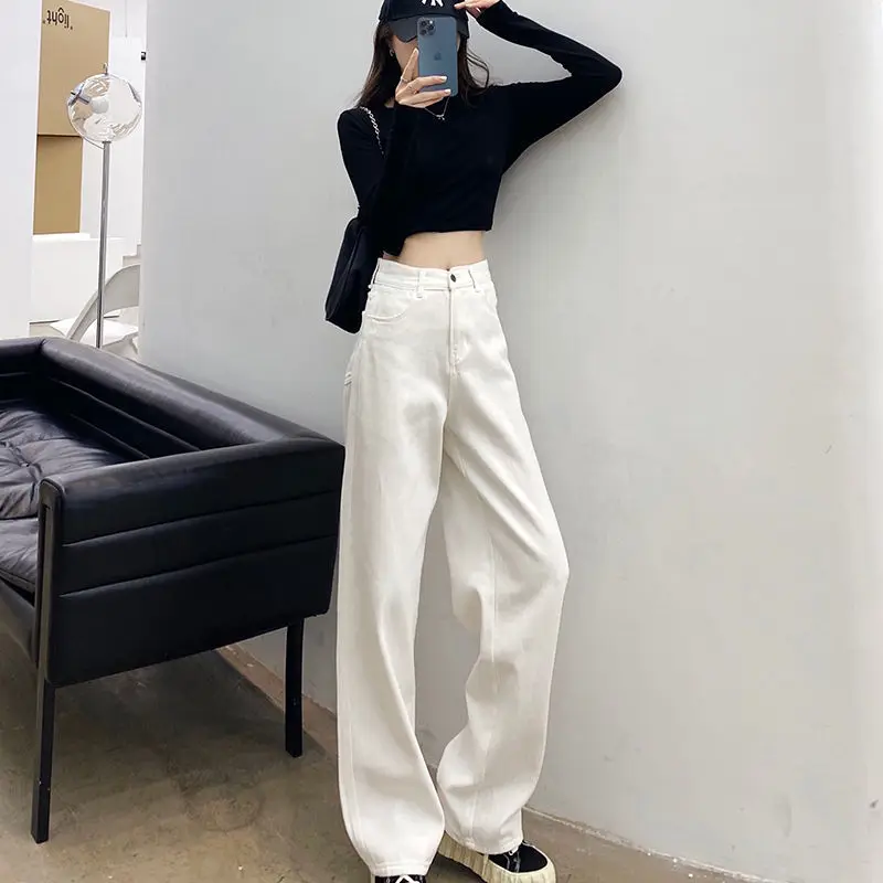 low rise jeans Rice White Jeans Woman Wide Leg Pants y2k Women's jeans Women Pants High Waist Casual Pantalon Pour Femme Button Pockets Cotton women's fashion