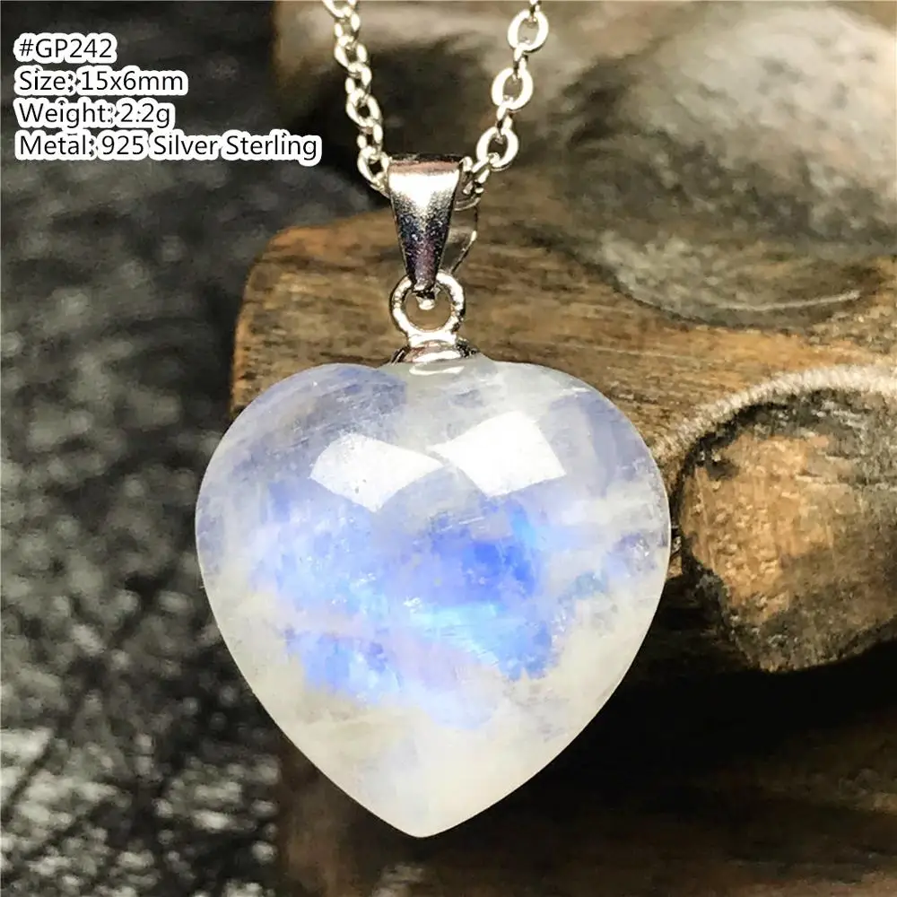 Top Natural Heart Moonstone Pendant Necklace For Woman Lady Man Silver Sterling Chains Love Blue Light Crystal Jewelry AAAAA