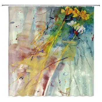

Abstract Shower Curtain Oil Painting Watercolor Yellow Flower Branch Creative Graffiti Pigment Bathroom Decor Accessories Fabric