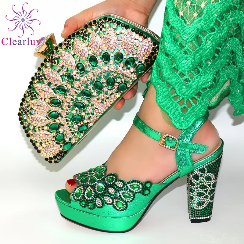 

2020 NEW GREEN With Print Desgin Shoes And Evening Bag Set Hot Sale Sandal Shoes With Handbag Heel Height 11.5CM