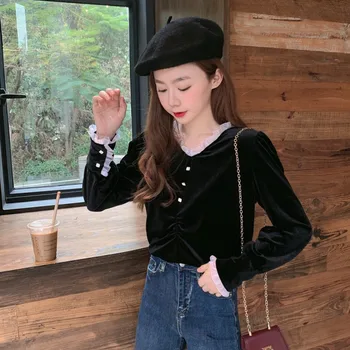 

Focal20 Streetwear Solid Color Velvet Women Shirt Blouse Ruffle Lace Panel V-neck Female Blouses Tops Vintage Autumn Lady Shirts