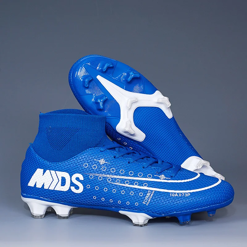 blue long spikes Мужские футбольные бутсы для помещений, футбольные бутсы с высоким берцем, футбольные бутсы для мужчин, оригинальные футбольные бутсы для детей - Цвет: blue long spikes