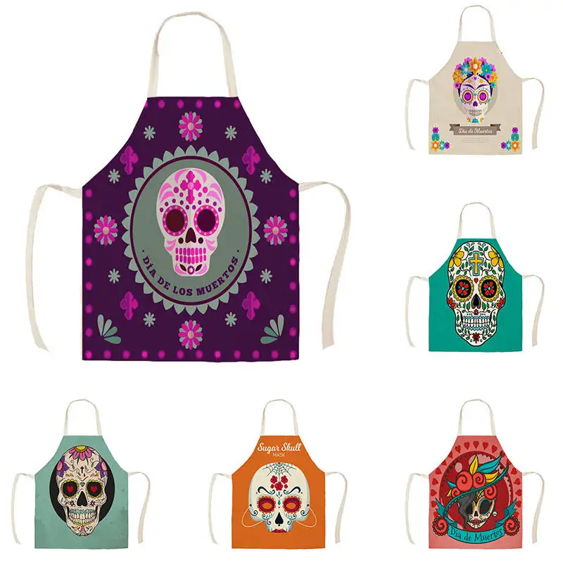 Women Kitchen Apron Cotton Linen Halloween Skull Design Sleeveless Chef Cooking Aprons Kitchen accessories WQ1698