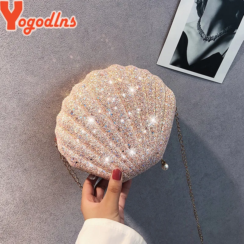 Crossbody Bag Women Handbags Leather Shoulder Bag Pu Crossbody Bag Cute Sequins Small Shell Bag Shoulder Handbags Phone Money Pouch Chain Crossbody Bags for Women