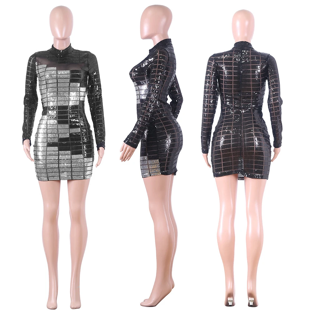 Sequin Dress Spring 2020 New Women's Long Sleeve Net Gauze Dress