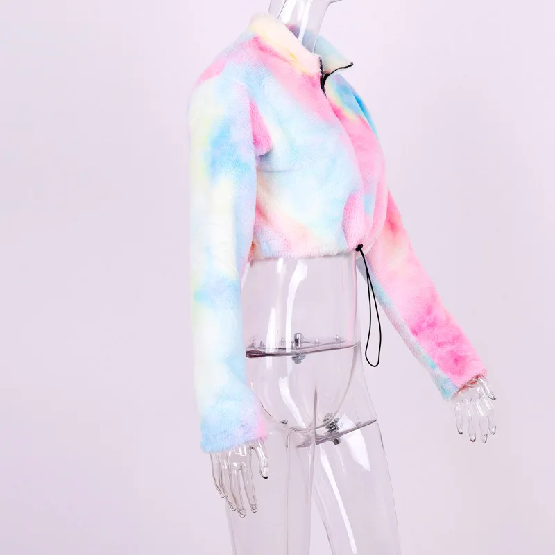 Simenual Tie Dye Faux толстовки из овечьей шерсти женские на молнии осенние модные повседневные толстовки с длинным рукавом пушистый флисовый укороченный топ