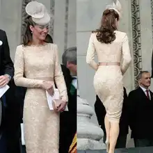 Kate Middleton Long Sleeves Evening Dresses Champagne Knee Length Celebrity Holiday Wear Formal Party Prom Gowns Plus Size