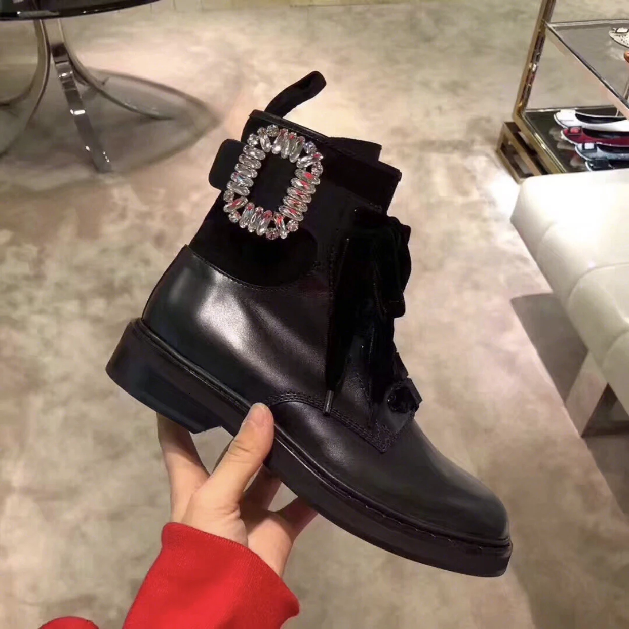 

BELLECOM Square Buckle Short winter Boots women Woman Diamond Buckle Locomotive Boots Rhinestone Coarse With Martin Boots mujer