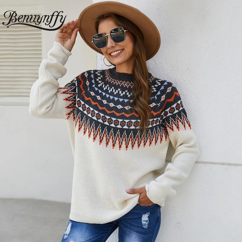 

Benuynffy Vintage Ethnic Print Women Sweater Pullover Autumn Winter Korean Fashion Warm Sweater Top Female O-Neck Knitted Jumper