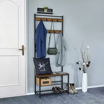 

Vintage coat rack, corridor shoe rack, shoe bank with shelf, Mat metal frame, removable hook