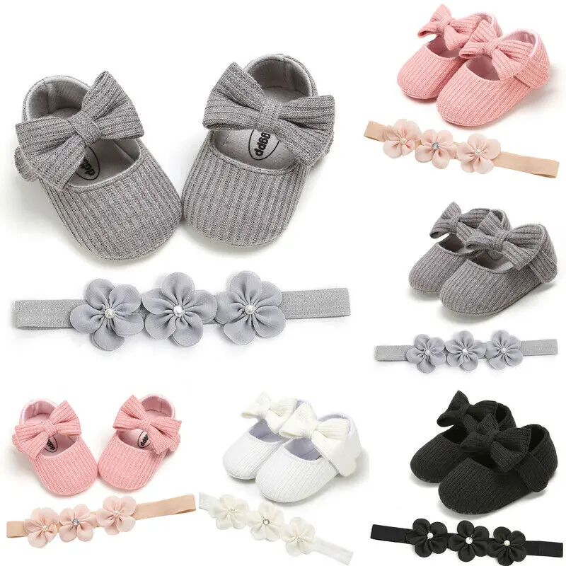 

Hot Sale New Toddler Girl Crib Shoes Baby Bowknot Soft Sole Prewalker Dress Shoes + Headband