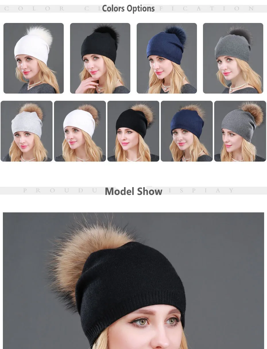 High Quality Women Dual layer Wool Knitted hats with big Real Fur Pompoms Warm Slouchy beanies hat ladies Fashion Skullies