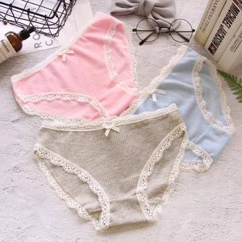 

1 PCS 4 Styles Women Solid Color Striped Hollow Lace Edge Bow No Trace Polyester Briefs Underwear Panties For Girls