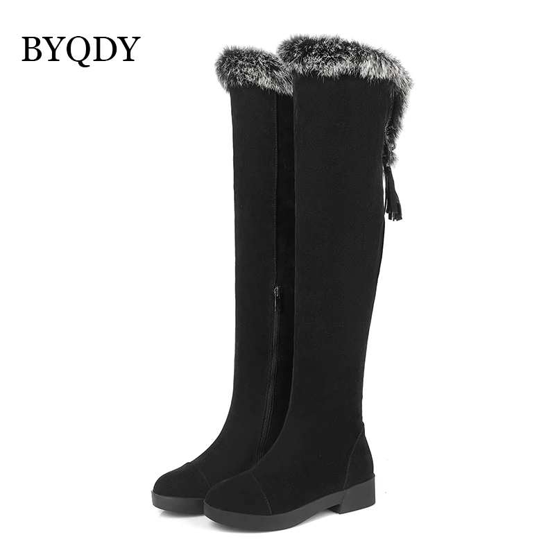 BYQDY New 2020 Fashion Woman Snow Boots Round Toe Med Heels Platform Over The Knee High Boots Thick Fur Warm Winter Shoes Large