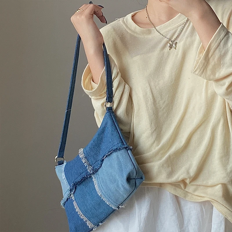 Irregular Denim Sewn Crescent Handbag Shoulder Shoulder Underarm Bag  Contrast Silver Mirror Women's Bag Wallet - AliExpress