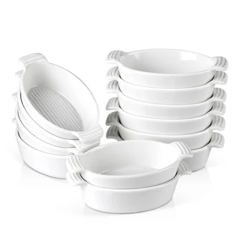

MALACASA 6/12-Piece 200ML Ceramic White Porcelain Bake Plate Dishes with Handle,Souffle Brulee Tapas Pie Baking Pans Ramekins