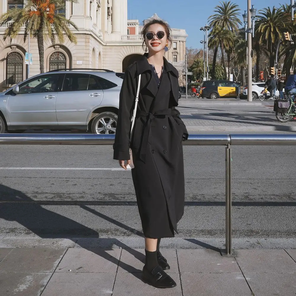 

Real after Korean-style Fold-down Collar Black And White with Pattern Long Coat 2020 Spring New Style WOMEN'S Dress Retro Britis
