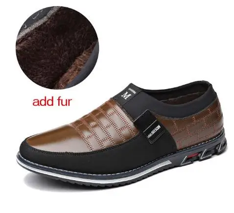 Plus Size 38-48 NEW Leather Men Casual Shoes Brand Mens Loafers Moccasins Breathable Slip On Lace Up Black Driving Shoes H444 - Цвет: brown slip on plush